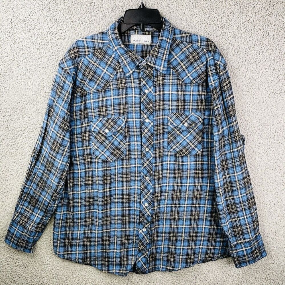 Wrangler Shirt Mens 2XL Blue Pearl Snap Western Wrancher Flannel Cowboy Plaid